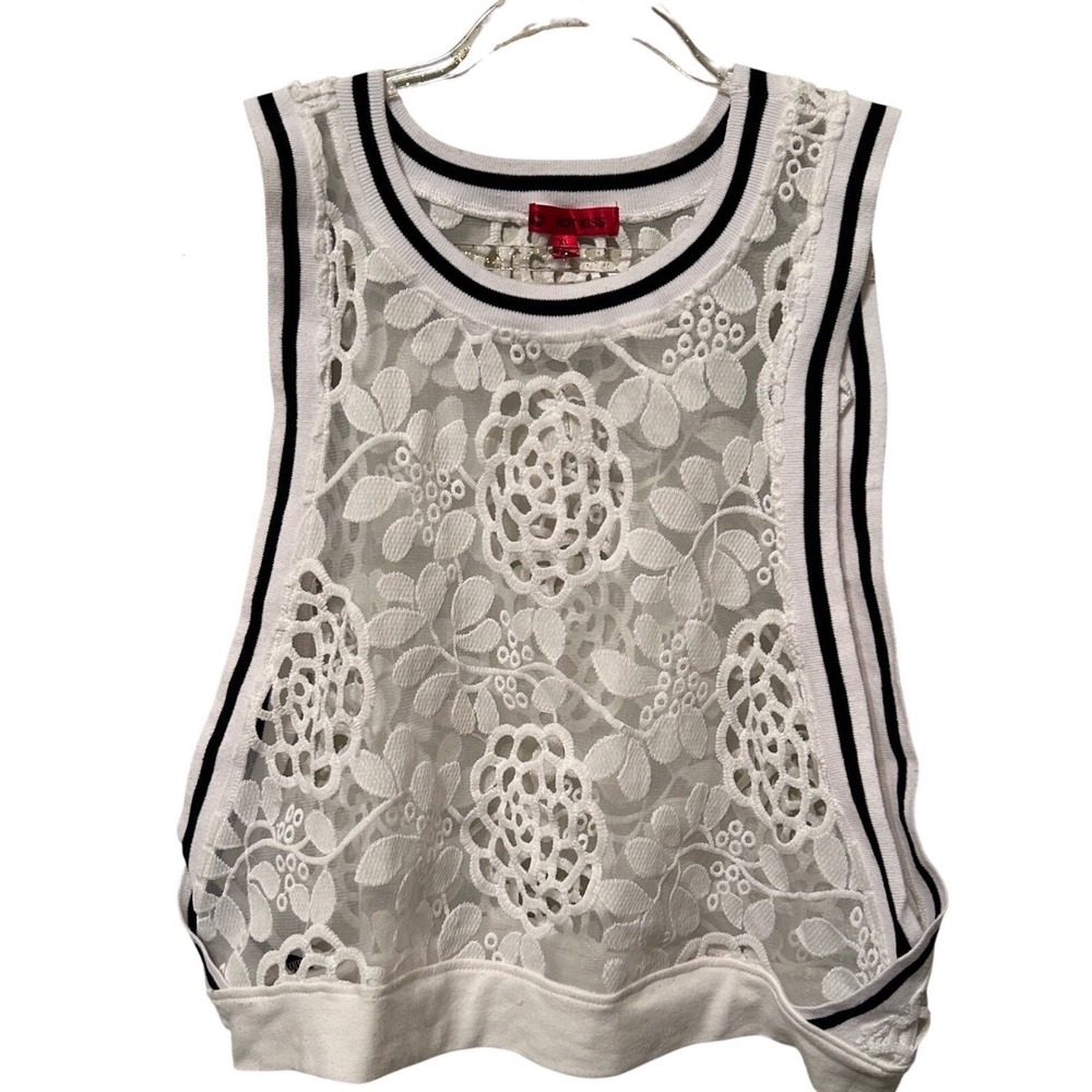 Hot Kiss White Floral Lace Sleeveless Tank Top Sheer Sporty Ribbed Trim XL